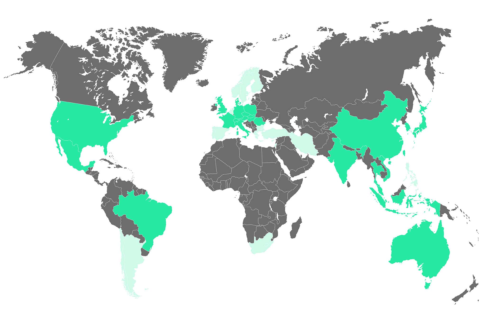 On the world map, the countries with MAPAL subsidiaries are highlighted in green and the countries with sales representatives in light green.