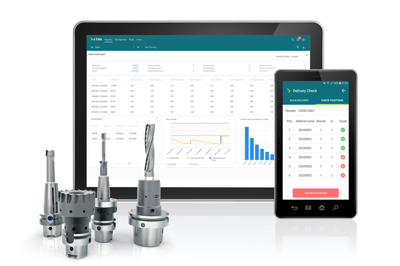 The picture shows two digital terminals with the c-Com interface and in front of them a group of MAPAL cutting tools.